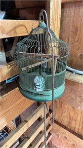 Antique 1930s green painted birdcage, with two