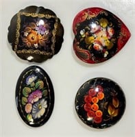 OUTSTANDING TOLE PAINTED BLACK LACQUERED BROOCHES
