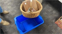 Wooden cutting board, basket, plastic tote