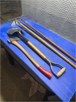 Garden rake, hoe, short handled spade, axe