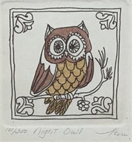 Owl Lithograph, # 101 / 300 "Night Owl", 3" x 3"