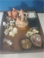 Wooden tray of many small collectible items