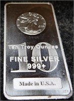 Ten Troy Ounces .999 Fine Silver Bar - Bullion