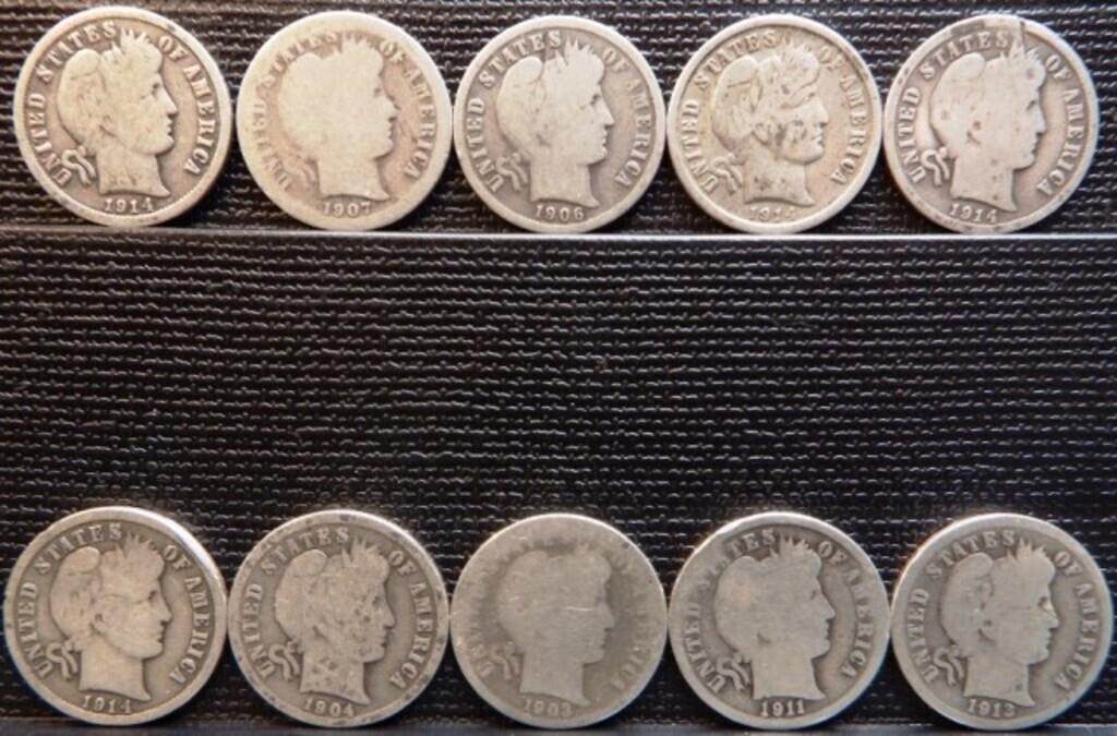 (10) 90% Silver Barber Dimes - Coins