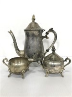 Silver plate teapot, sugar and creamer