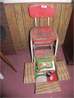 Red Step Stool, Misc. Boxes, Etc.