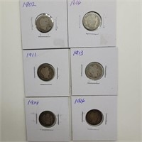 6- BARBER DIMES 1902, 1906, 1911, 1913, 1914, &