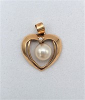 14K Gold Real Diamond Heart Pearl Floating Pendant