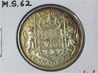 1950 No Design (ms62) Canadian Silver 50 Cent