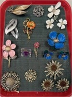 FLORAL 9 PINS, 3 SETS WITH PINS & CLIP EARRINGS