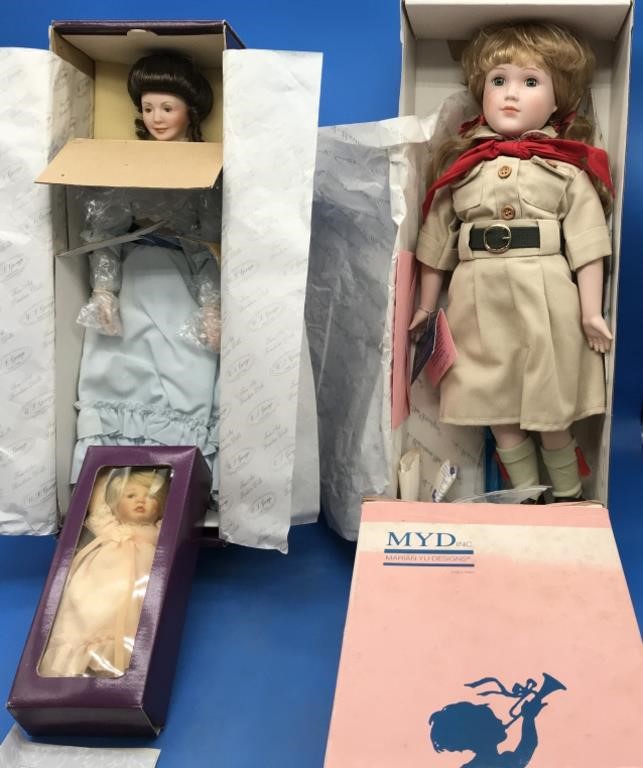 3 Nice Boxed Vintage Porcelain/Cloth Dolls