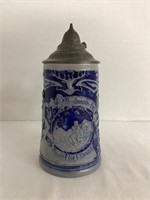 Blue and Gray German Stein with Hinged Lid