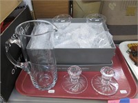 Clear Glass Candlesticks, Pitcher, Etched Glasses.