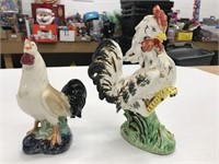 2 Ceramic Painted Roosters 7 & 9"