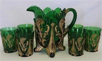 Green Pattern Glass Inverted Fan & Feather 7 pc