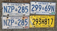 Four Plates 73 Ontario, 74 Quebec & Set Of Ontario