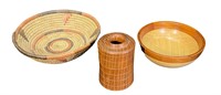 2 Wood Carved Items & Woven Bowl