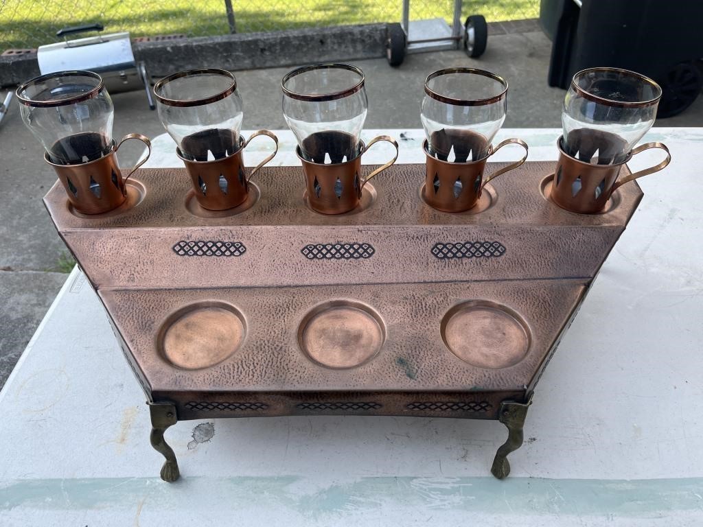 Vintage Copper and Brass Serving Bar with 5