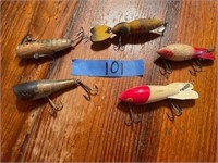 5 WOODEN FISHING LURES