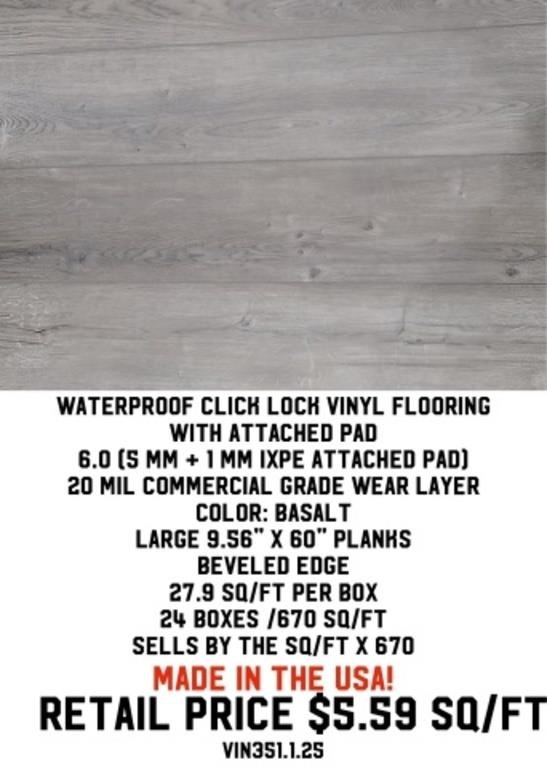 Waterproof Click Lock Vinyl Flooring w/ Pad x670