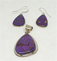 STERLING SILVER PURPLE EARRINGS AND PENDANT