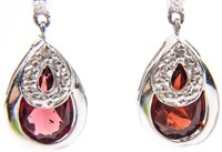 Jewelry Sterling Silver Garnet & Diamond Earrings