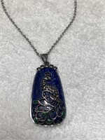 Unique Lapis Marcasite Peacock Pendant Necklace