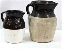 Pair Vintage Two-Tone Stoneware Pottery Pitchers
