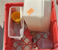 milk crate with misc tupperware