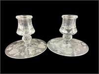 (2) Etched Glass Rose Candlestick Holders