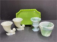 2 Small Slag Glass Dishes, 2 Uranium Glass Vases