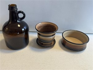 3- pottery bowl planter and amber glass jug