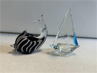 2- clear art glass paper weight sailboat and