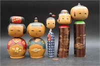 5 Japanese Kokeshi Wood Bobble Head Peg Dolls+