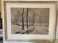 Framed antique etching - colored etching of a old