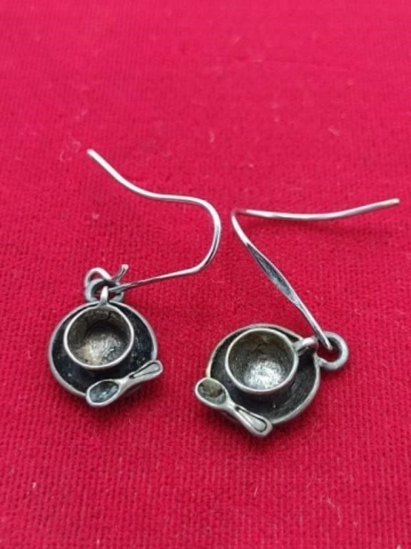 .925 Marked? Tea Cup & Saucer Earrings TW: 4.5g