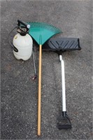 Ergonomic shovel, leaf rake and two gallon