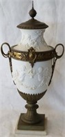 CONTEMPORARY BRASS TRIMMED URN W/ EMBOSSED CHERUB