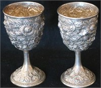 PAIR OF REPOUSSE GOBLETS BY KIRK, FLORAL DESIGN,