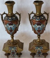 PAIR OF FRENCH BRASS AND COPPER URNS W/ CHAMPLEVÉ