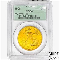 1908 $20 Gold Double Eagle PCGS MS64 No Motto