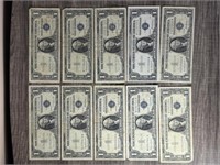 10 1957 Blue Seal One Dollar Bills