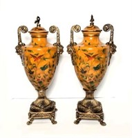 Pair of Urns on Footed Stands with Bird Motif