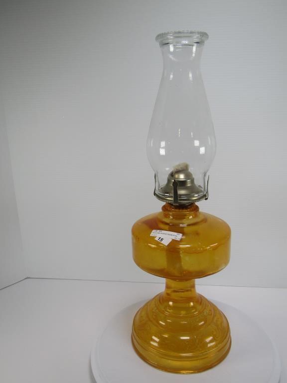 YELLOW GLASS PEDESTAL OIL LAMP- 19" TALL