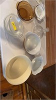 ASSORTED MIXING BOWLS, VASE, GLASS PIE PLATES
