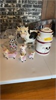 2 COW COOKIE JARS, COW BOTTLE OPENER, COW PITCHER,