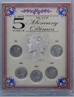 Last 5 Years of Silver Mercury Dimes 5 Coin Set.