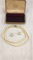 Vintage Pearl Necklace & Earrings Set & Box