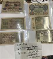 Lot#118) 6X German Paper Money 20, 20, 50, 1000,