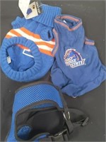 Group of BSU dog sweaters and harness